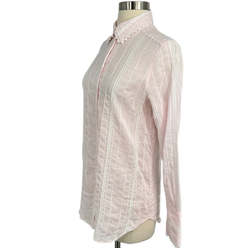 Bella Freud Button Down Shirt Pink Striped Scalloped Collar Cuffs Size 8 Preppy - Picture 4 of 12